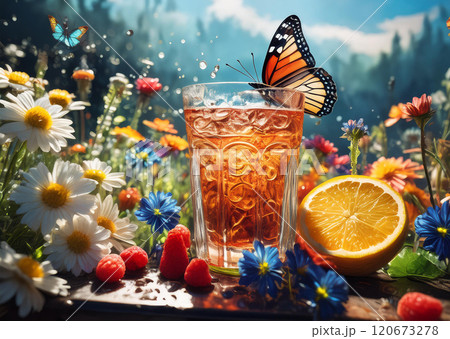 Captivating scene with a glass filled with a beverage and garnished with fruit slices and flowers, centered amidst a lush field of vibrant wildflowers 120673278