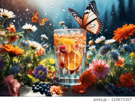 Captivating scene with a glass filled with a beverage and garnished with fruit slices and flowers, centered amidst a lush field of vibrant wildflowers 120673307