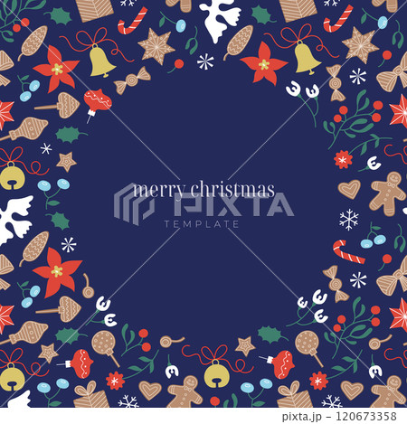 Merry Christmas and Happy New Year greeting card, invitation, poster, holiday cover template. Modern flat floral square frame and background design. Vector round arch. Merry Christmas and Happy New Year greeting card, invitation, poster, holiday cover template. Modern flat floral square frame and background design. Vector round arch. 120673358