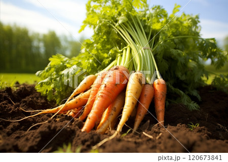 Freshly harvested organic carrots from the farm plantation, healthy and vibrant produce for sale Freshly harvested organic carrots from the farm plantation, healthy and vibrant produce for sale 120673841