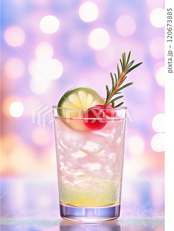 The image features a close-up of a festive beverage in a transparent glass, meticulously garnished and set against a warmly lit, sparkling background The image features a close-up of a festive beverage in a transparent glass, meticulously garnished and set against a warmly lit, sparkling background 120673885