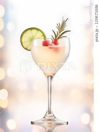 The image features a close-up of a festive beverage in a transparent glass, meticulously garnished and set against a warmly lit, sparkling background The image features a close-up of a festive beverage in a transparent glass, meticulously garnished and set against a warmly lit, sparkling background 120673886