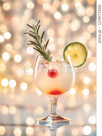The image features a close-up of a festive beverage in a transparent glass, meticulously garnished and set against a warmly lit, sparkling background The image features a close-up of a festive beverage in a transparent glass, meticulously garnished and set against a warmly lit, sparkling background 120673888