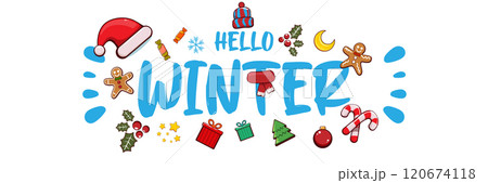 Hello winter banner design template with santa hat, christmas tree, candy, hat, mittens, berries, stars, gifts, balls, moon , gingerbread man, cookies. Hello winter blue sticker isolated on white 120674118