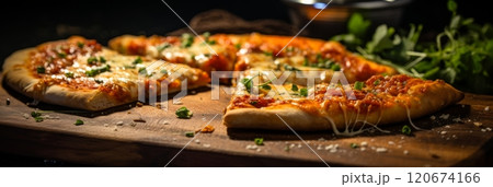 Freshly baked hot cheese pizza slice with delicious melty tomato sauce and gooey mozzarella cheese. Banner Freshly baked hot cheese pizza slice with delicious melty tomato sauce and gooey mozzarella cheese. Banner 120674166