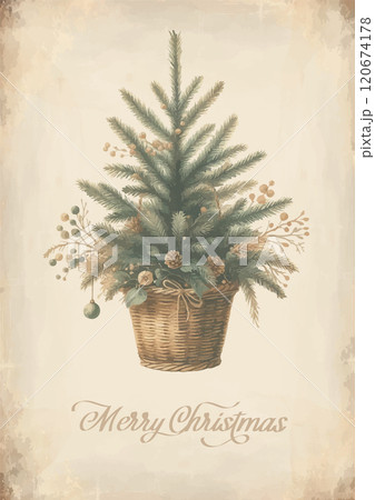 Watercolor vintage card with Christmas tree in a wicker basket. 120674178