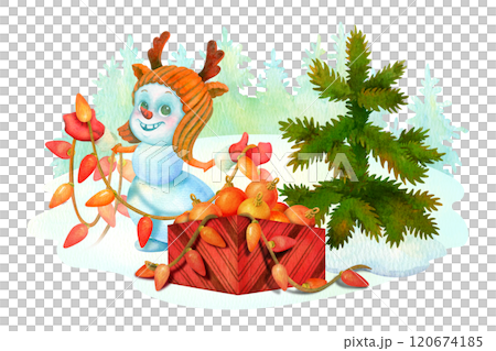 Christmas composition with funny snowman in horned hat sorting out box of Christmas decorations next to green fir. Child cartoon character on winter conifer forest background for card, poster, sticker Christmas composition with funny snowman in horned hat sorting out box of Christmas decorations next to green fir. Child cartoon character on winter conifer forest background for card, poster, sticker 120674185