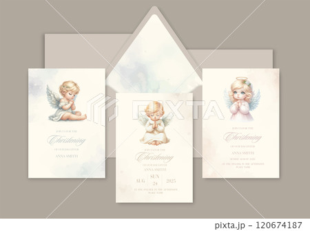 Watercolor Invitation Template card with newborn blond baby angel prays sacrament of baptism. 120674187