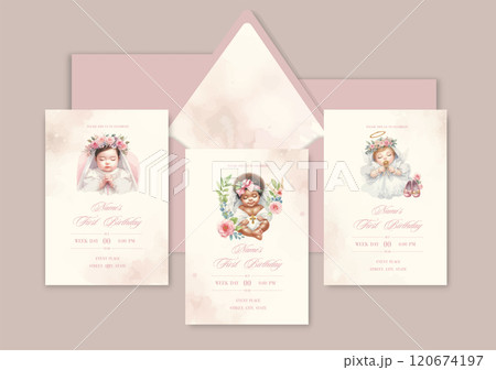 First birthday watercolor Invitation Template card with newborn baby, dark skinned child. 120674197