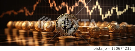 Bitcoin gold coins on chart, blockchain blockchain tech, digital currency mining concept 120674233