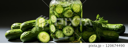 Pickled cucumbers in glass jar with vinegar drop on white background with copy space. Banner 120674490
