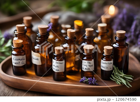 Spa wellness set with lavender flowers, essential oil bottles for aromatherapy and natural skincare 120674590