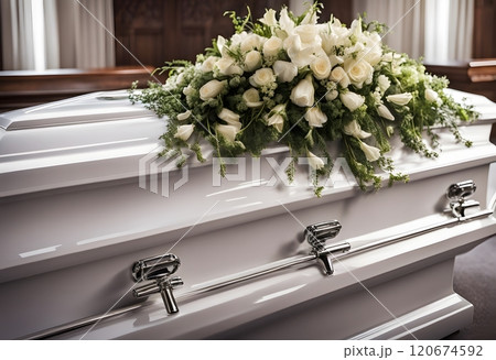 White closed coffins standing against a wooden-paneled wall in a dimly lit room, with intricate designs and a somber atmosphere. 120674592