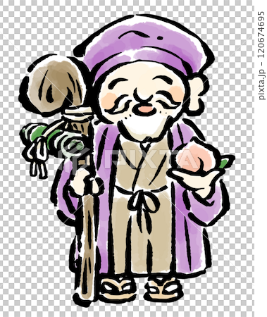 桃と巻き物を結びつけた杖を持つ寿老人 筆タッチ手描きイラスト 桃と巻き物を結びつけた杖を持つ寿老人 筆タッチ手描きイラスト 120674695