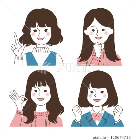 様々な若い女性の上半身_シンプル手描きイラスト 120674739