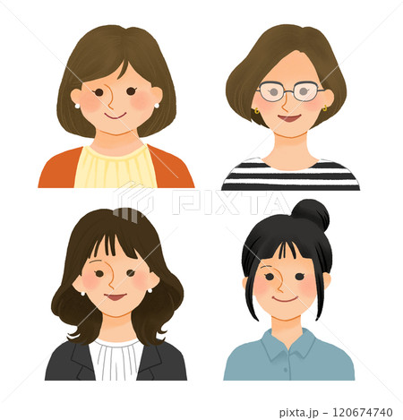 様々な若い女性の上半身_手描きイラスト 様々な若い女性の上半身_手描きイラスト 120674740