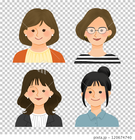 様々な若い女性の上半身_手描きイラスト 様々な若い女性の上半身_手描きイラスト 120674740