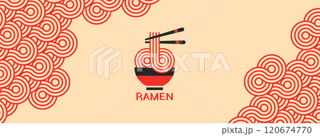 Vector ramen noodles banner template, poster with pattern of spaghetti or pasta texture 120674770