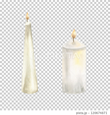 Watercolor candle set with two different shapes wax objects with flame illustration. Hand drawn isolated church and religion elements. Christmas, Easter and birthday symbols. Card, invitation design Watercolor candle set with two different shapes wax objects with flame illustration. Hand drawn isolated church and religion elements. Christmas, Easter and birthday symbols. Card, invitation design 120674871