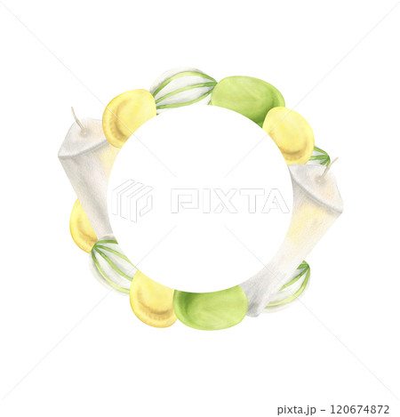 Easter round frame with yellow, green and striped eggs and white candles watercolor illustration. Springtime wreath with Happy Easter celebration symbol for greeitng card, poster , packing design 120674872