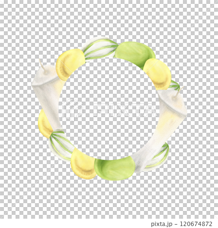 Easter round frame with yellow, green and striped eggs and white candles watercolor illustration. Springtime wreath with Happy Easter celebration symbol for greeitng card, poster , packing design 120674872