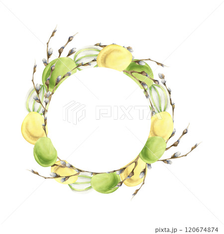 Easter spring floral round frame with yellow and green eggs and willow branches watercolor illustration. Hand drawn wreath for Happy Easter floral decor, packing, paper, kitchen utensils design 120674874