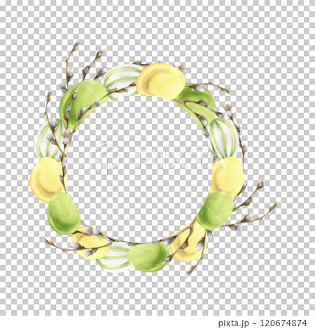 Easter spring floral round frame with yellow and green eggs and willow branches watercolor illustration. Hand drawn wreath for Happy Easter floral decor, packing, paper, kitchen utensils design 120674874