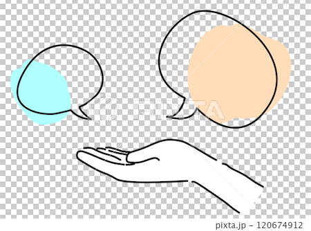 Simple line drawing of hands and speech bubbles for conversation image 120674912