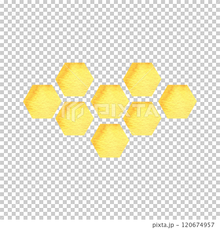 Honeycomb background with yellow combs watercolor illustration. Hand drawn isolated hexagons geometric pattern, fresh organic food clipart for invitation,card,poster, menu design 120674957