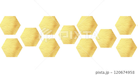 Yellow honeycombs seamless banner. Watercolor golden hexagons icons, organic farm food border for product packing, medicine, cosmetics box, fabric, stationery design. 120674958