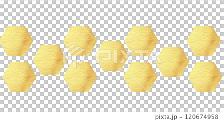 Yellow honeycombs seamless banner. Watercolor golden hexagons icons, organic farm food border for product packing, medicine, cosmetics box, fabric, stationery design. 120674958