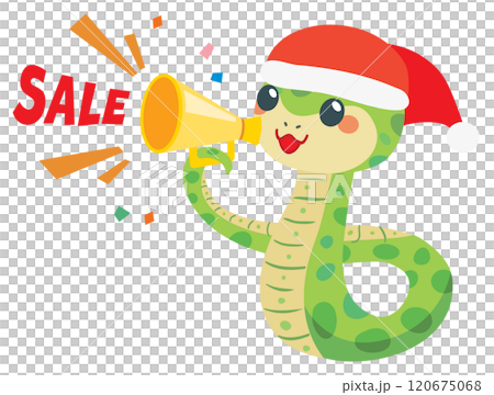 クリスマスセールでメガホンを持ったかわいい蛇のイラスト 120675068