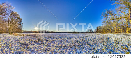 Snow-covered meadow with the sun rising, surrounded by trees, capturing a peaceful winter morning Snow-covered meadow with the sun rising, surrounded by trees, capturing a peaceful winter morning 120675224