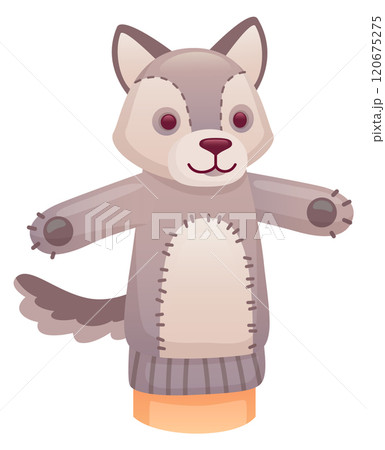 Wolf puppet. Textile doll on hand. Cartoon toy 120675275