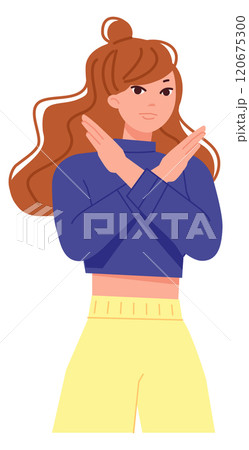 Stop gesture. Woman refuse. Decline hand sign 120675300