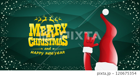 Merry christmas horizontal banner with Santa Claus rock n roll style and santa red hat isolated on green background with stars. Merry Christmas hipster Rock n roll party poster, flyer design template. Merry christmas horizontal banner with Santa Claus rock n roll style and santa red hat isolated on green background with stars. Merry Christmas hipster Rock n roll party poster, flyer design template. 120675354