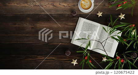 Holiday reading setup with coffee and greenery, rustic table, 3D render. 120675422