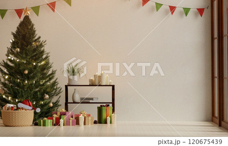 Contemporary Christmas decor with tree and presents, 3D render. Contemporary Christmas decor with tree and presents, 3D render. 120675439