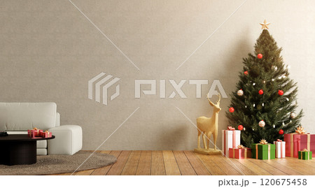 Stylish Christmas decor with tree and presents, peaceful room, 3D render. 120675458