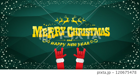 Merry christmas horizontal banner with Santa Claus rock n roll style and santa red hat isolated on green background with stars. Merry Christmas hipster Rock n roll party poster, flyer design template. 120675478