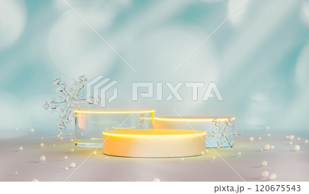 Christmas podium backdrop with Christmas ornaments and bokeh light. 3d rendering background 120675543
