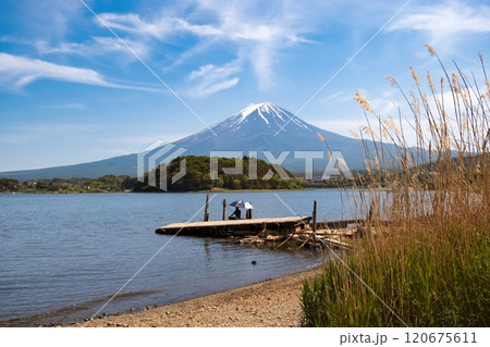 Mt. Fuji on a Sunny Day from lake Yamanaka, Yamanashi, Japan 120675611