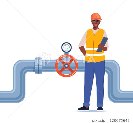 Engineer in workwear and protective helmet inspect petroleum or water pipelines. Valve and pressure gauge on the pipe. Oil, gas or water industry. Vector illustration. Engineer in workwear and protective helmet inspect petroleum or water pipelines. Valve and pressure gauge on the pipe. Oil, gas or water industry. Vector illustration. 120675642