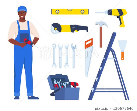 Repairman or mechanic and collection of tools. Black man character in uniform with set of professional instruments. Vector illustration. Repairman or mechanic and collection of tools. Black man character in uniform with set of professional instruments. Vector illustration. 120675646
