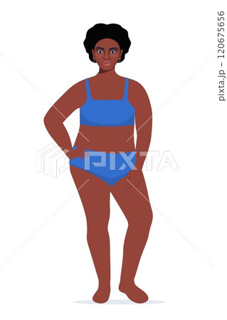 Body positive black woman in underwear. Plus size female character. Attractive curvy, overweight girl. Oversize obesity, pretty large lady in beautiful fashionable clothes. Vector illustration. Body positive black woman in underwear. Plus size female character. Attractive curvy, overweight girl. Oversize obesity, pretty large lady in beautiful fashionable clothes. Vector illustration. 120675656
