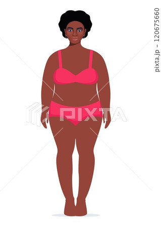 Body positive black woman in underwear. Plus size female character. Attractive curvy, overweight girl. Oversize obesity, pretty large lady in beautiful fashionable clothes. Vector illustration. 120675660
