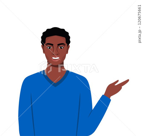 Happy black man points to something. Character for advertisement. Guy shows a direction with a hand. Vector illustration in cartoon style. Happy black man points to something. Character for advertisement. Guy shows a direction with a hand. Vector illustration in cartoon style. 120675661