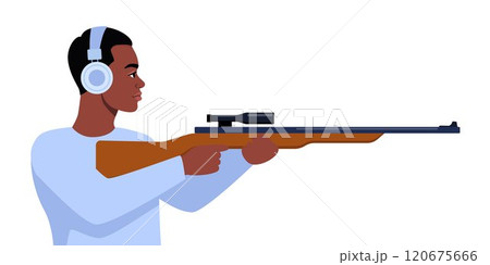 Sport shooting. Aiming Black man with rifle. Male Character In Ear Protection, Aiming A Rifle. Military skills. Vector illustration. Sport shooting. Aiming Black man with rifle. Male Character In Ear Protection, Aiming A Rifle. Military skills. Vector illustration. 120675666
