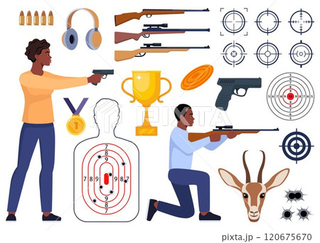 Shooting and hunting equipment elements. Shooting Skeet. Shooting club and range weapons and accessories. Shooter, rifle, bullet, headphones, gold cup, medal. Human, animal shoot target. Vector. 120675670