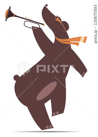 Cute bear playing trumpet. Bear musician playing trumpet with inspiration. Isolated on white background Cute bear playing trumpet. Bear musician playing trumpet with inspiration. Isolated on white background 120675893